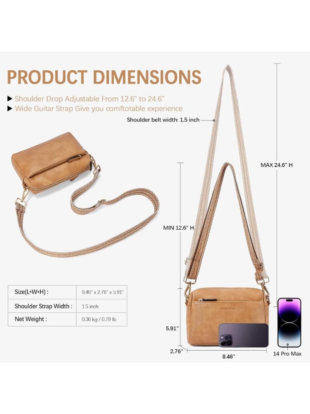 Women's Camel Brown Leather Triple Zip Crossbody Bag Purse with Shoulder Straps - Picture 3 of 6